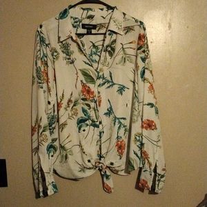 Karen Kane XL blouse floral tie waist white long sleeves